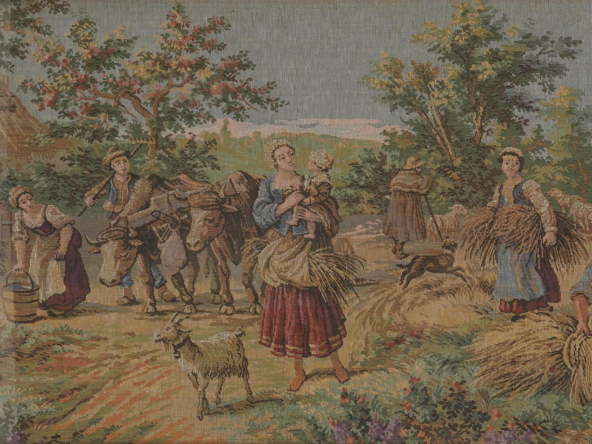 ANTIQUE FRAMED TAPESTRY OF PEASANTS IN THE FIELD PIC-3